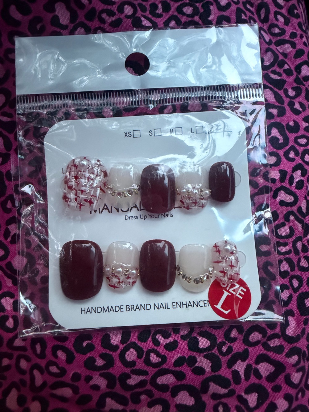 Handmade Burgundy and Cream Decorative Press-On Toe Nails